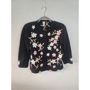 Berek Long Sleeve Button Down Floral Beaded Cardigan Sweater Petite Medium M